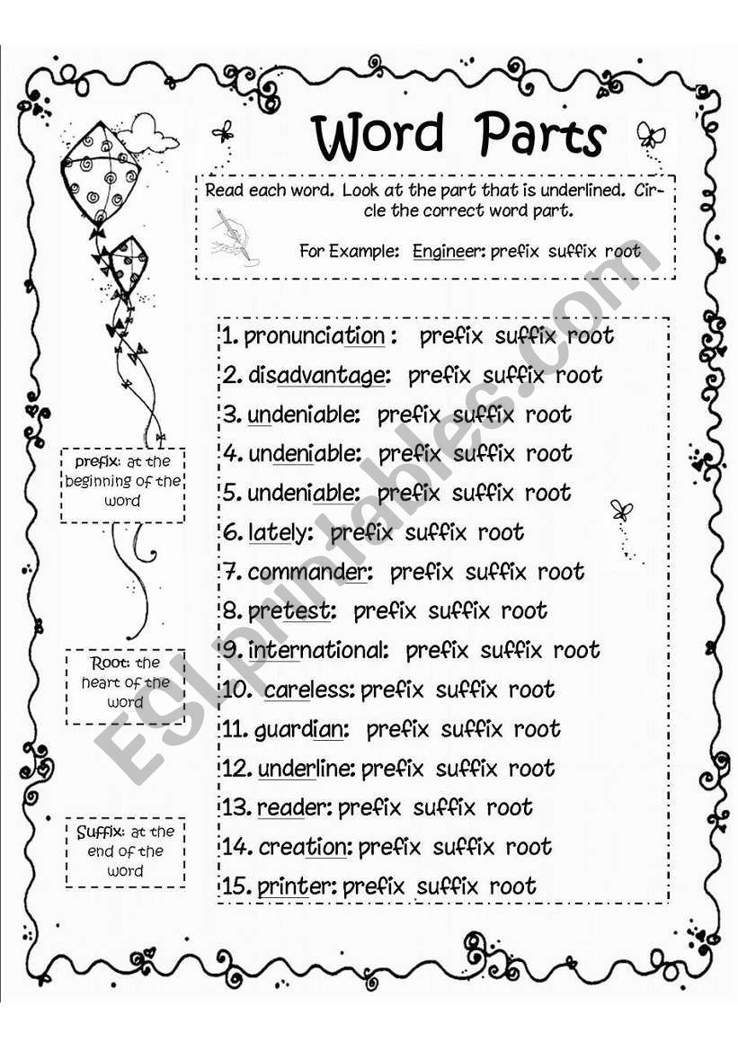 Word Parts: Prefix-Root-Suffix worksheet Set - ESL worksheet by With Regard To Prefixes And Suffixes Worksheet