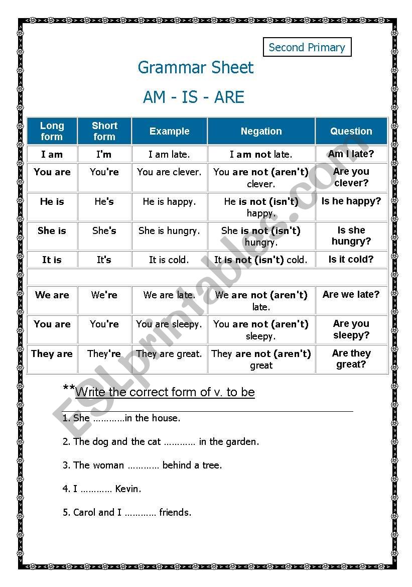 V.To Be Sheet worksheet