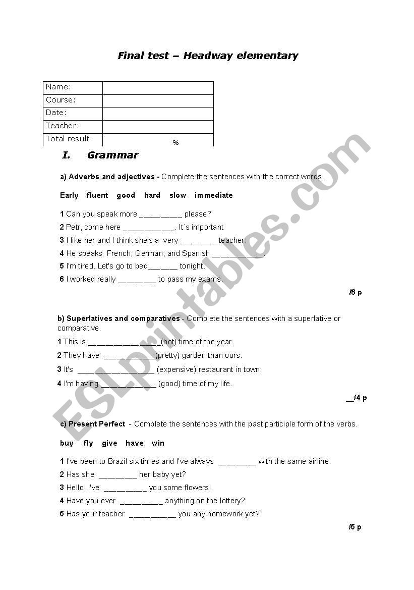 Headway elementary final test worksheet