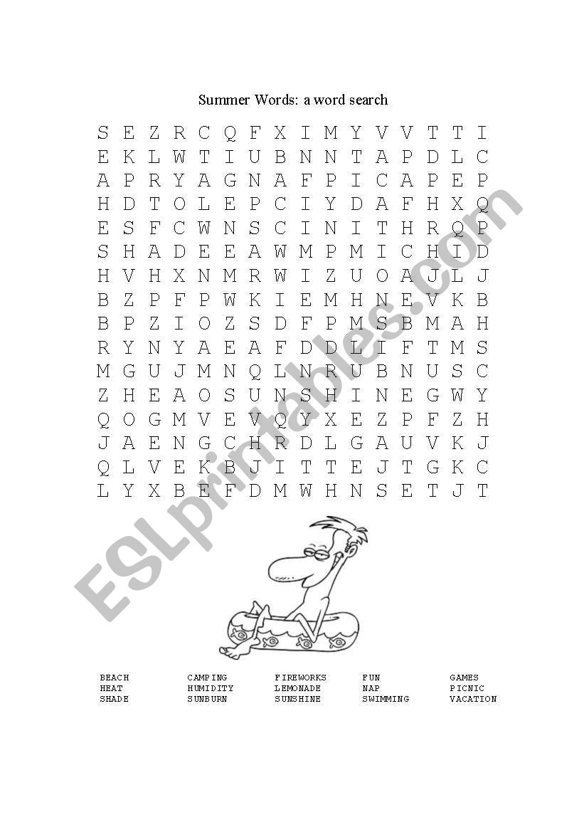 Summer Words: a word search worksheet
