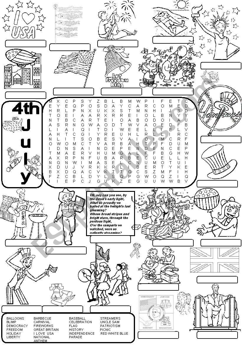 Wordsearch 4TH JULY worksheet