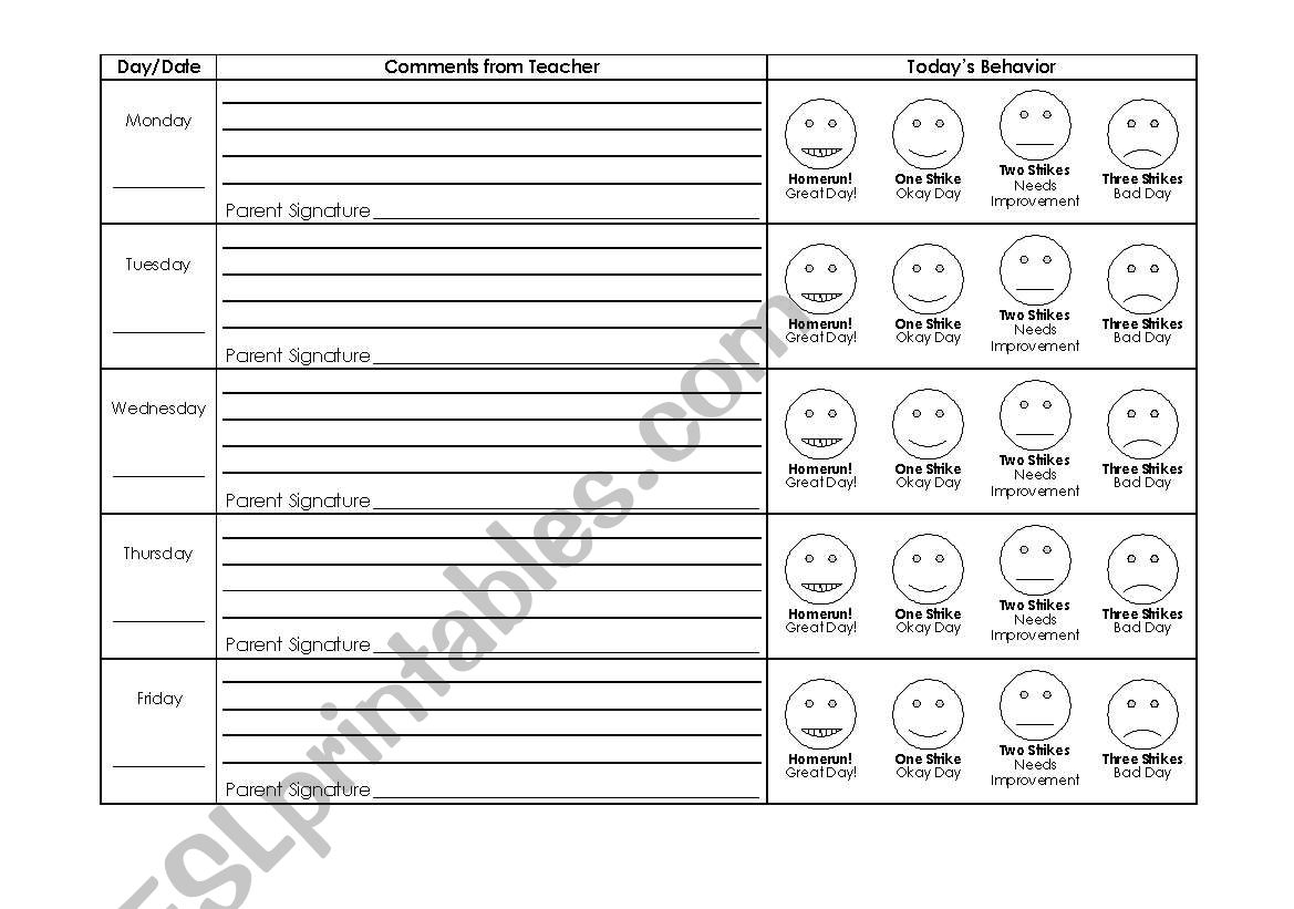 Daily Behavior  worksheet