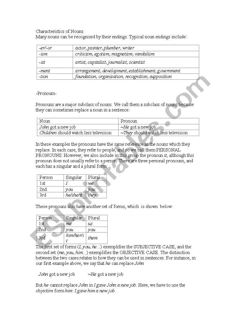 Characteristics of the noums worksheet