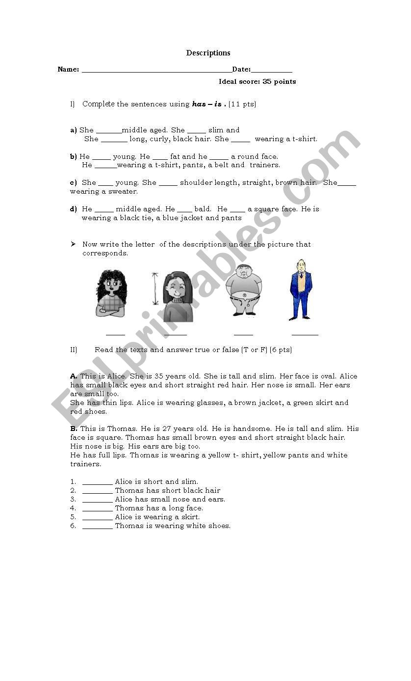 Descriptions worksheet