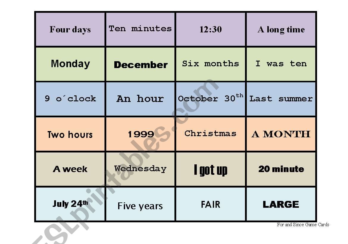 For and since card game worksheet