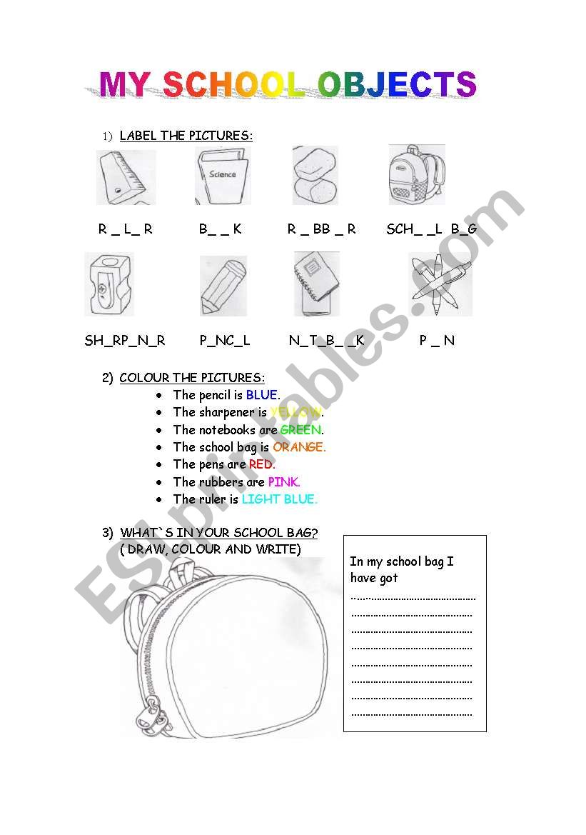 MY SCHOOL OBJECTS worksheet