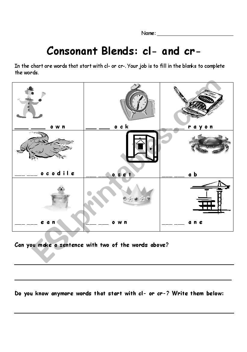 Cl and Cr Consonant Blends worksheet
