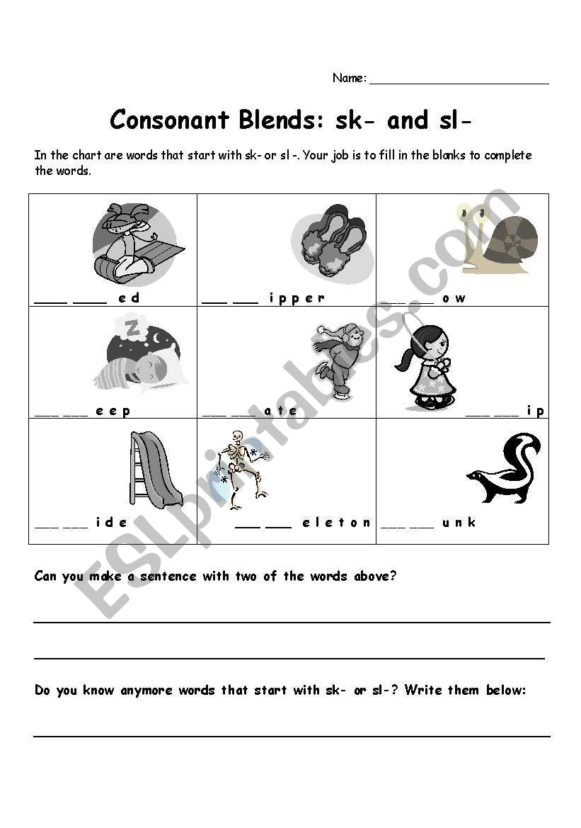 Sk and Sl Consonant Blends worksheet