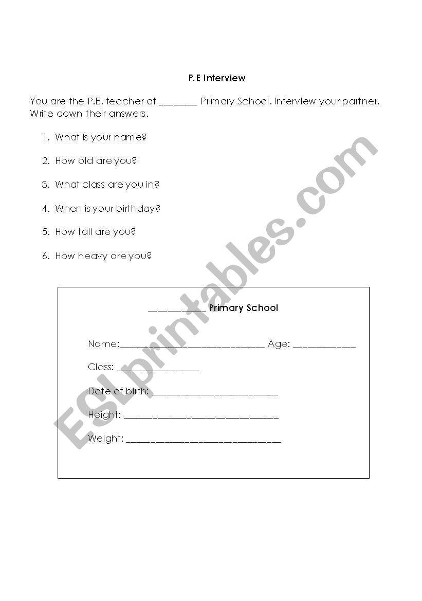 My Body Interview worksheet