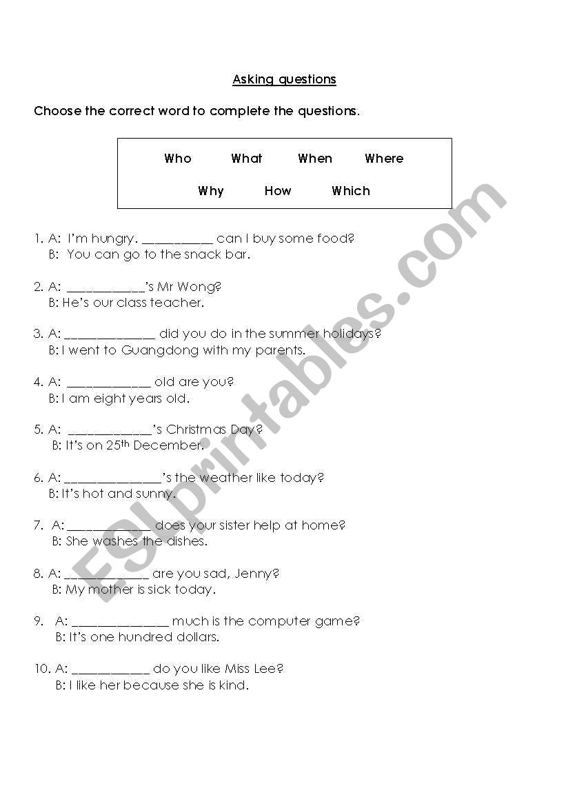 Wh- questions worksheet