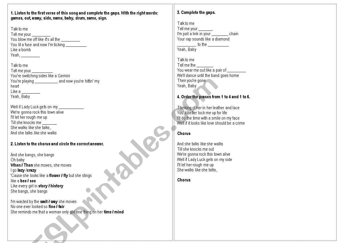 Song-She bangs worksheet