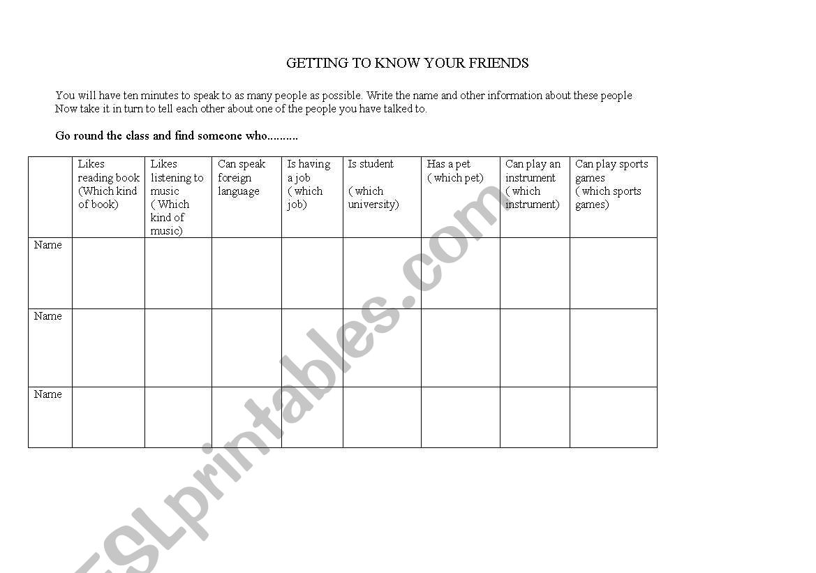 Getting to know your friends worksheet