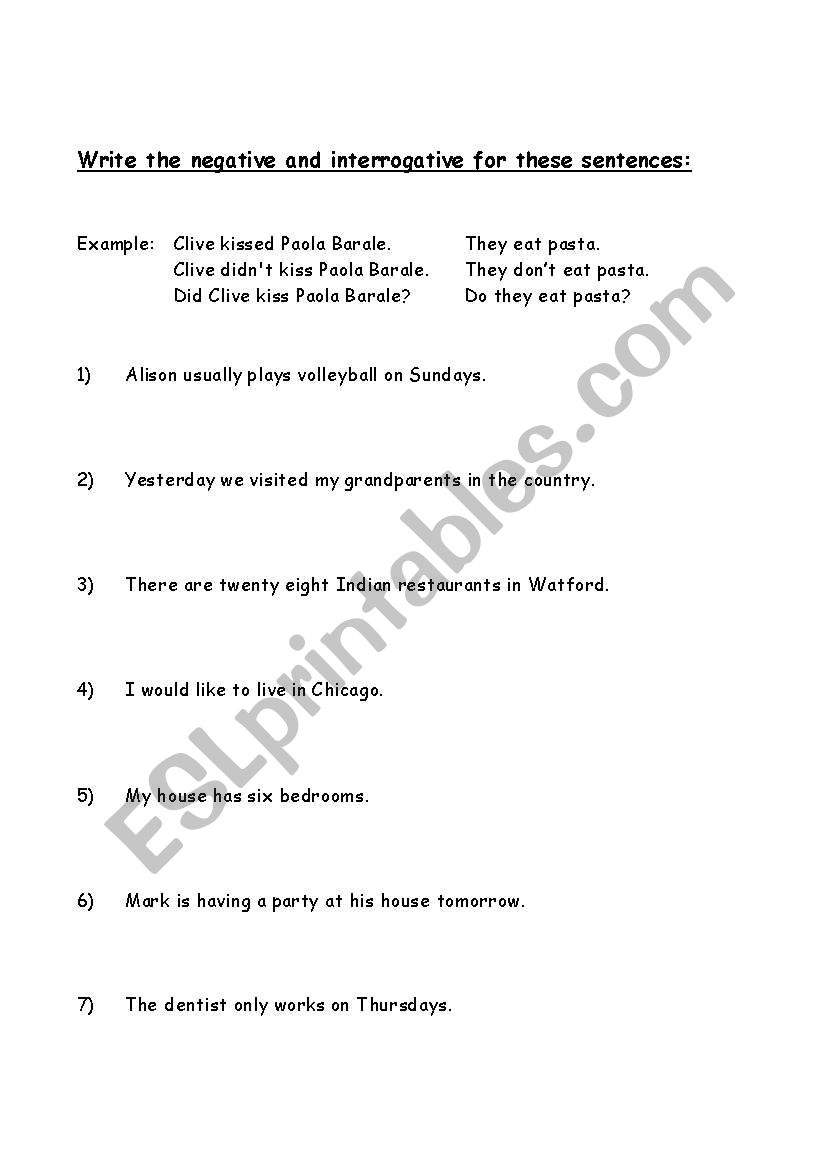 Make negatives and questions worksheet