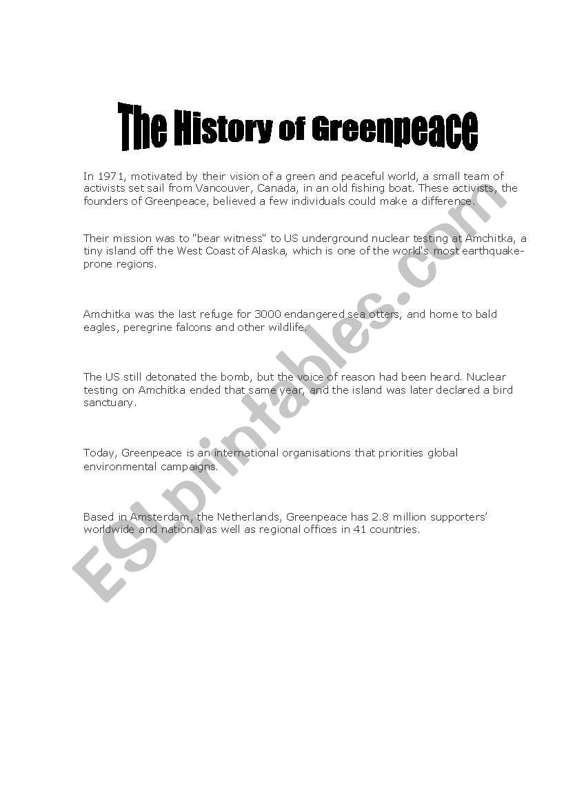 The History of Greenpeace worksheet