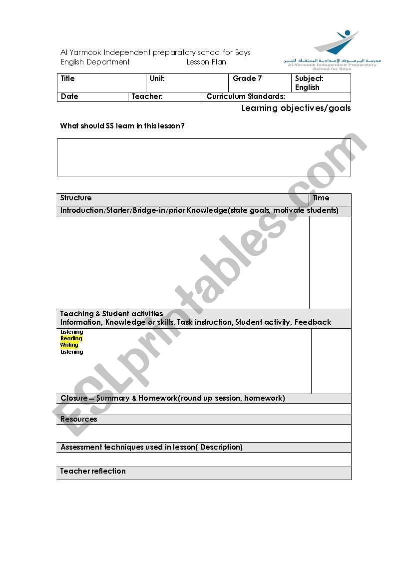 Lesson plan template worksheet