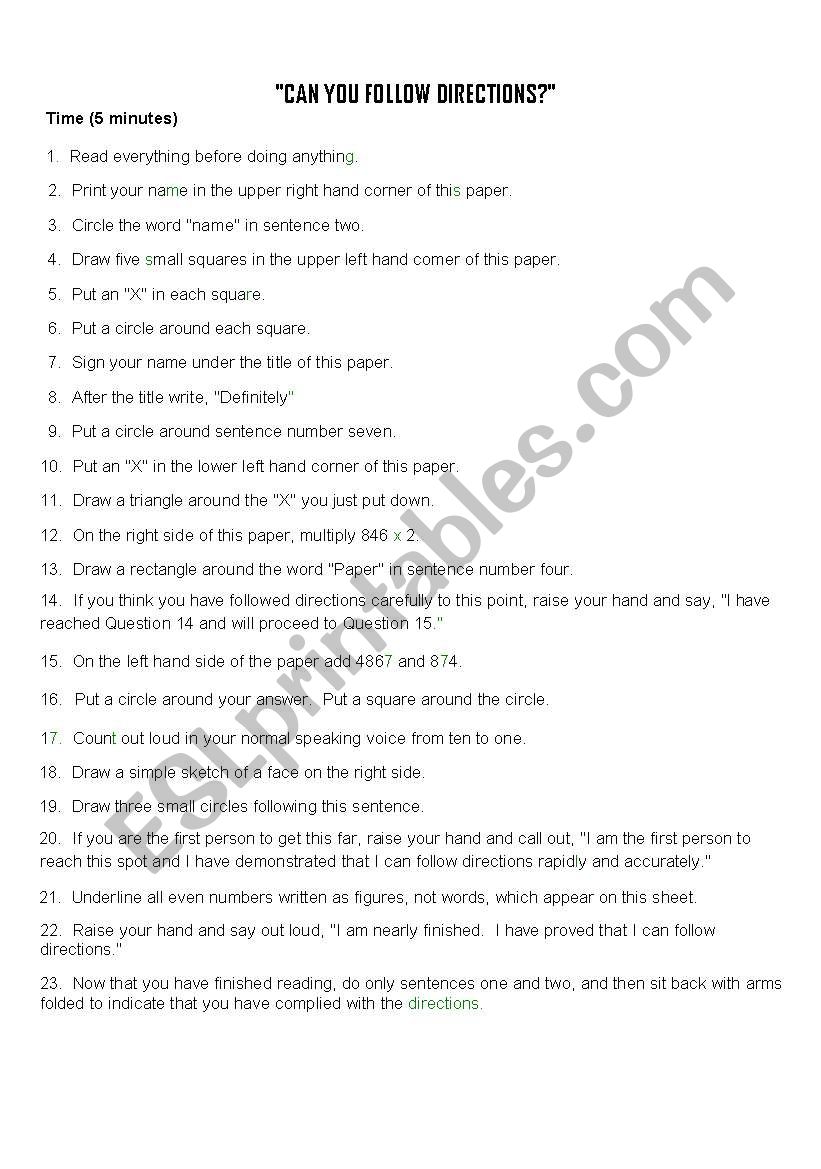 Following Directions worksheet