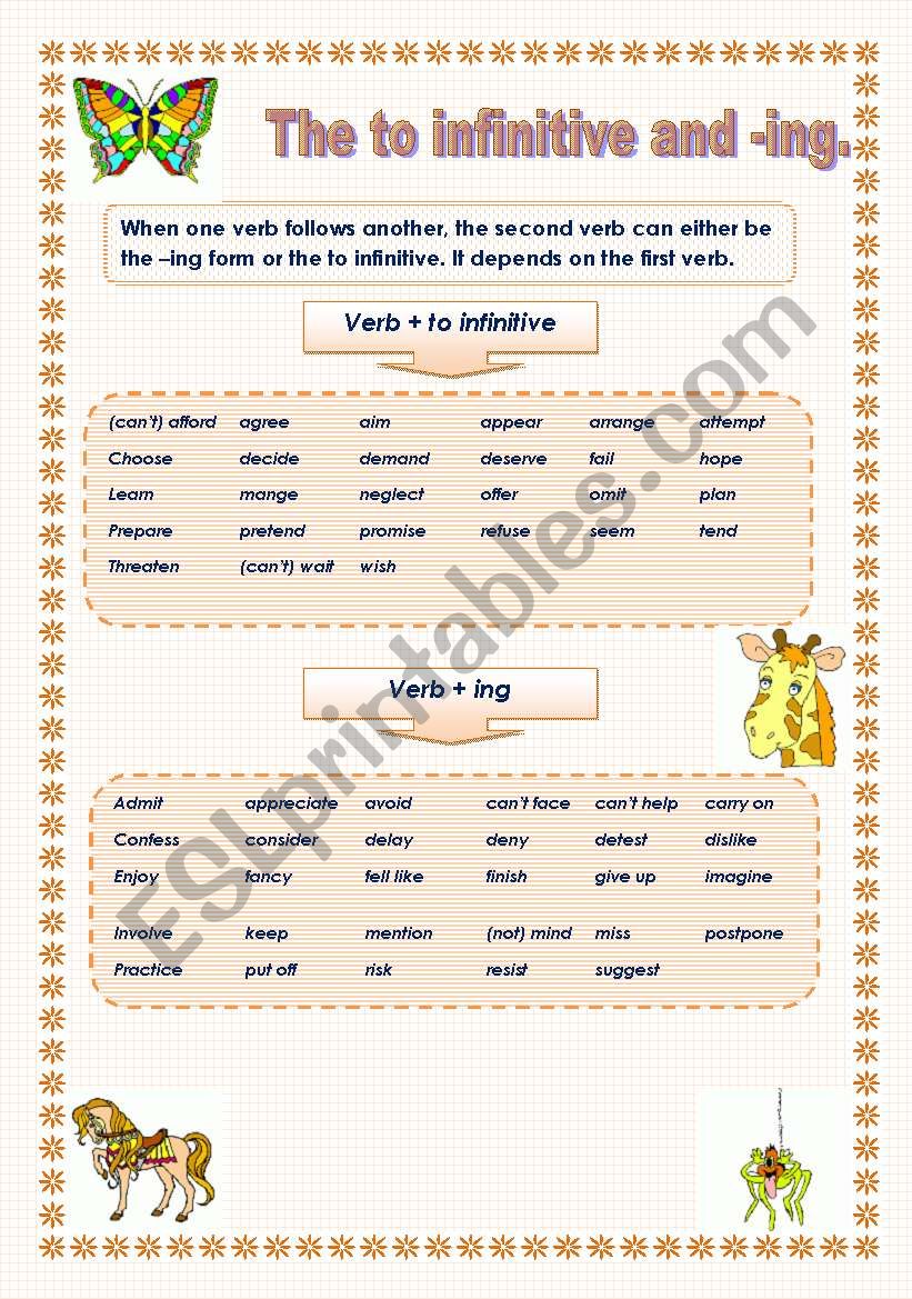 The to infinitive and -ing worksheet