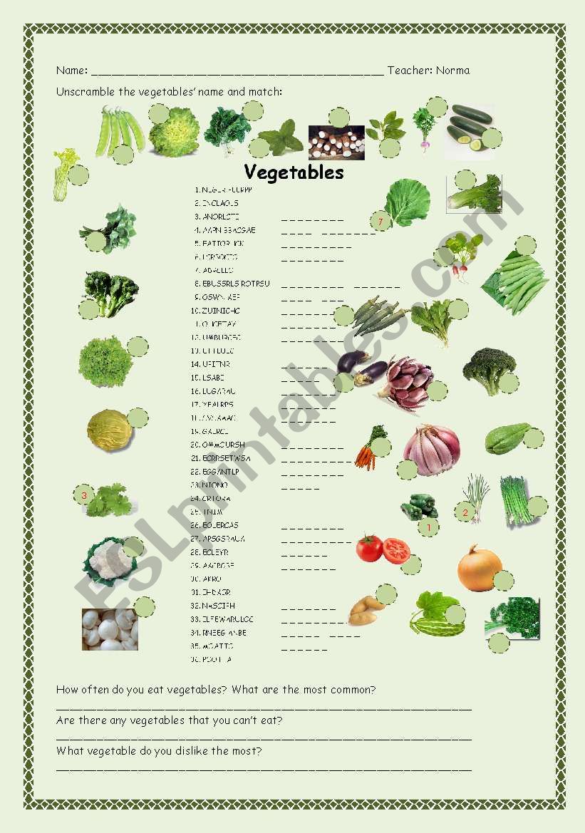 Vegetables - With Answer key worksheet