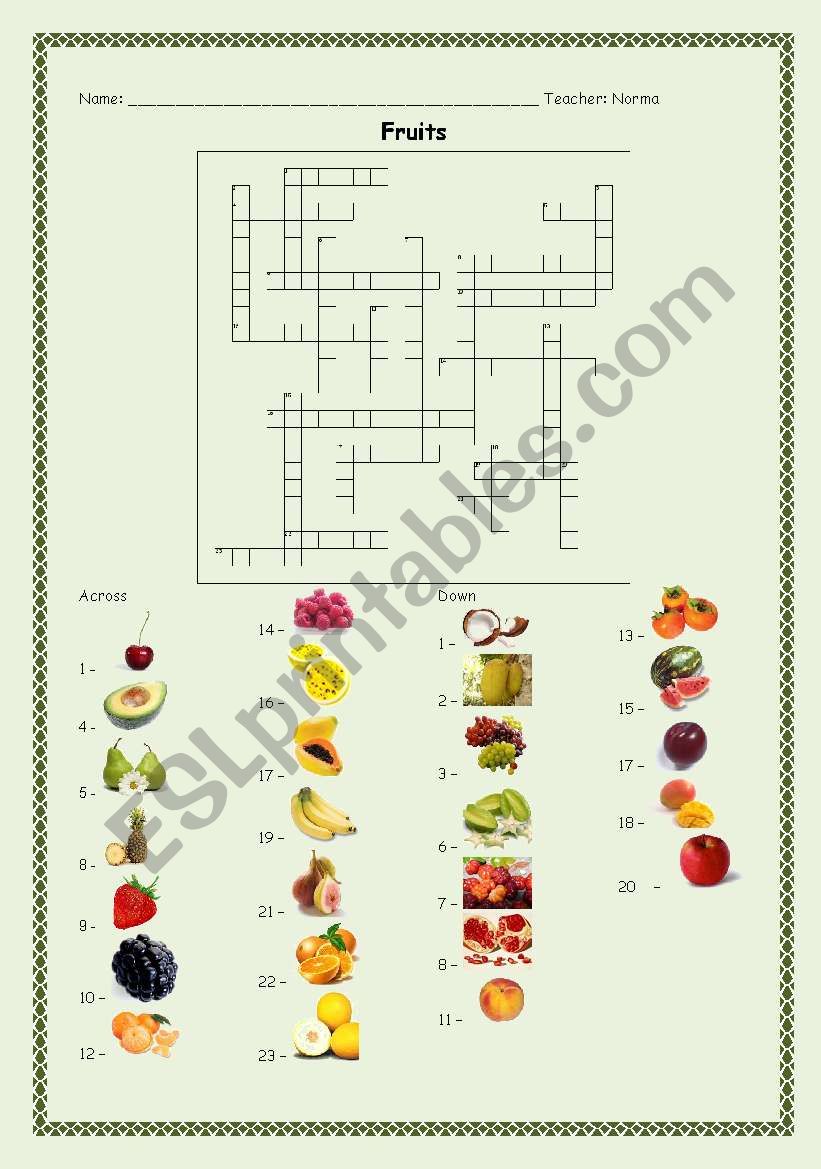 Fruits - with answer key worksheet
