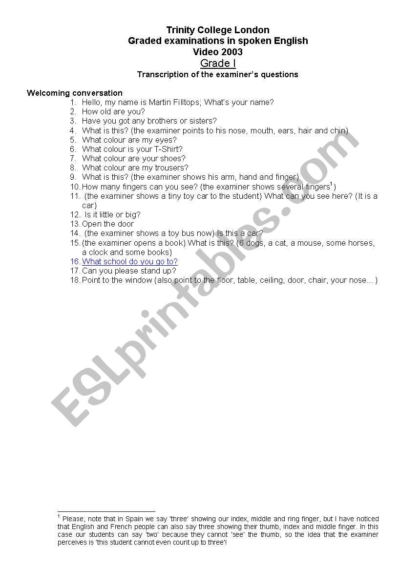 Trinity Grade 1: Questions. Graded Examinations in Spoken English 