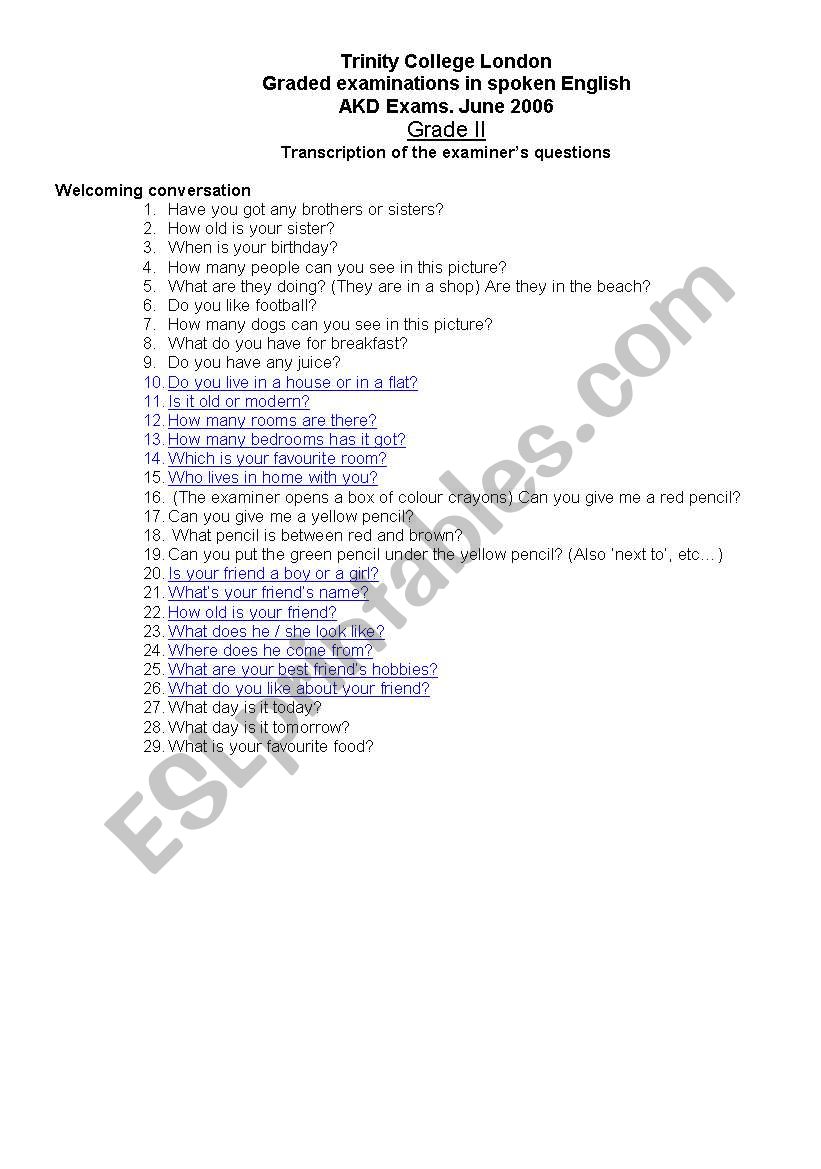 Trinity Grade 2: Questions. Graded Examinations in Spoken English 