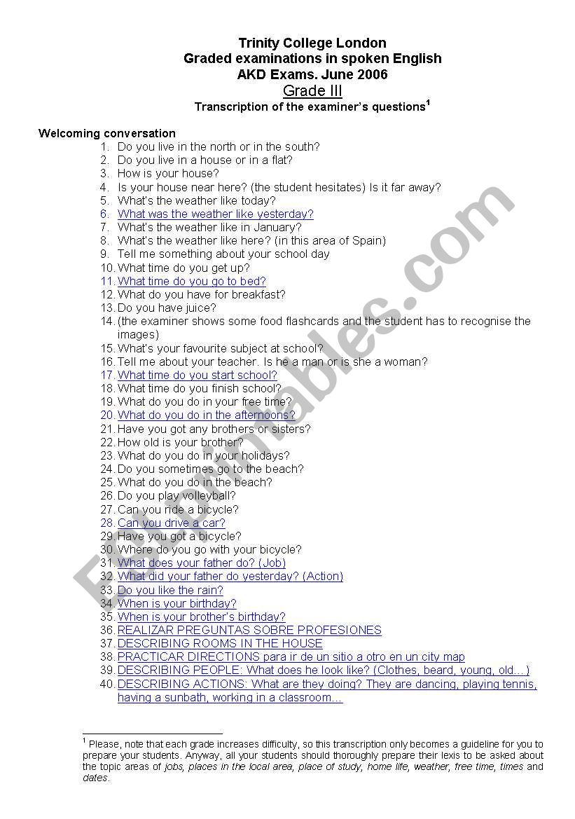 Trinity Grade 3: Questions. Graded Examinations in Spoken English 