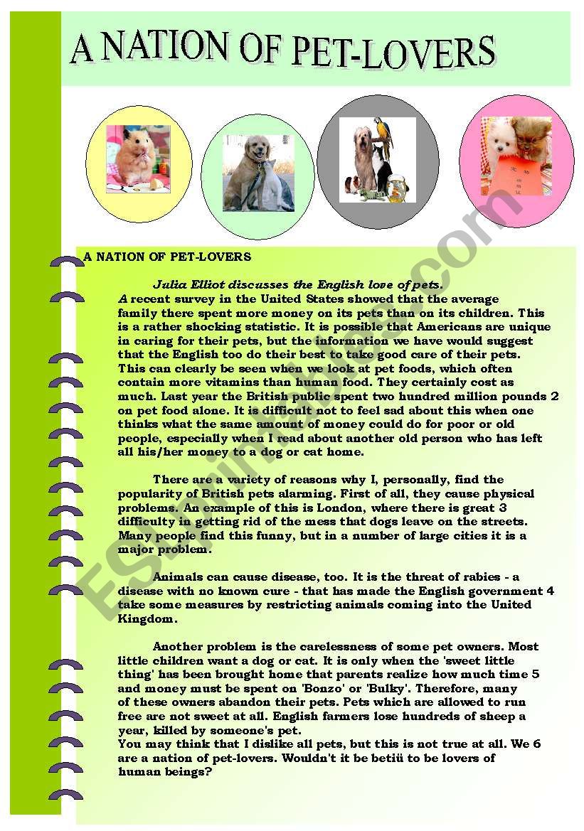 PET-LOVERS- A THEMATIC UNIT PLAN INCLUDING RELATED READING PASSAGE AND COMPREHENSION QUESTIONS + ANSWER KEY - A NATION OF PET-LOVERS :)