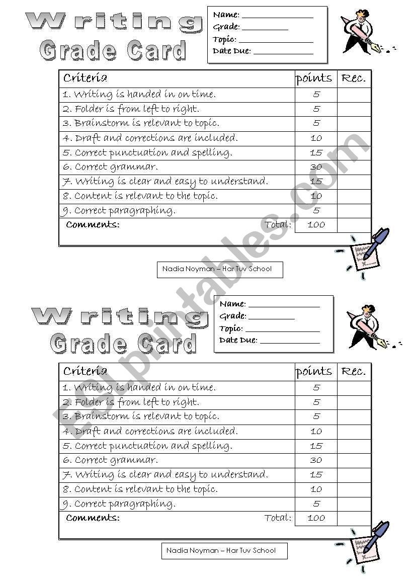 Writin gGrade Card worksheet