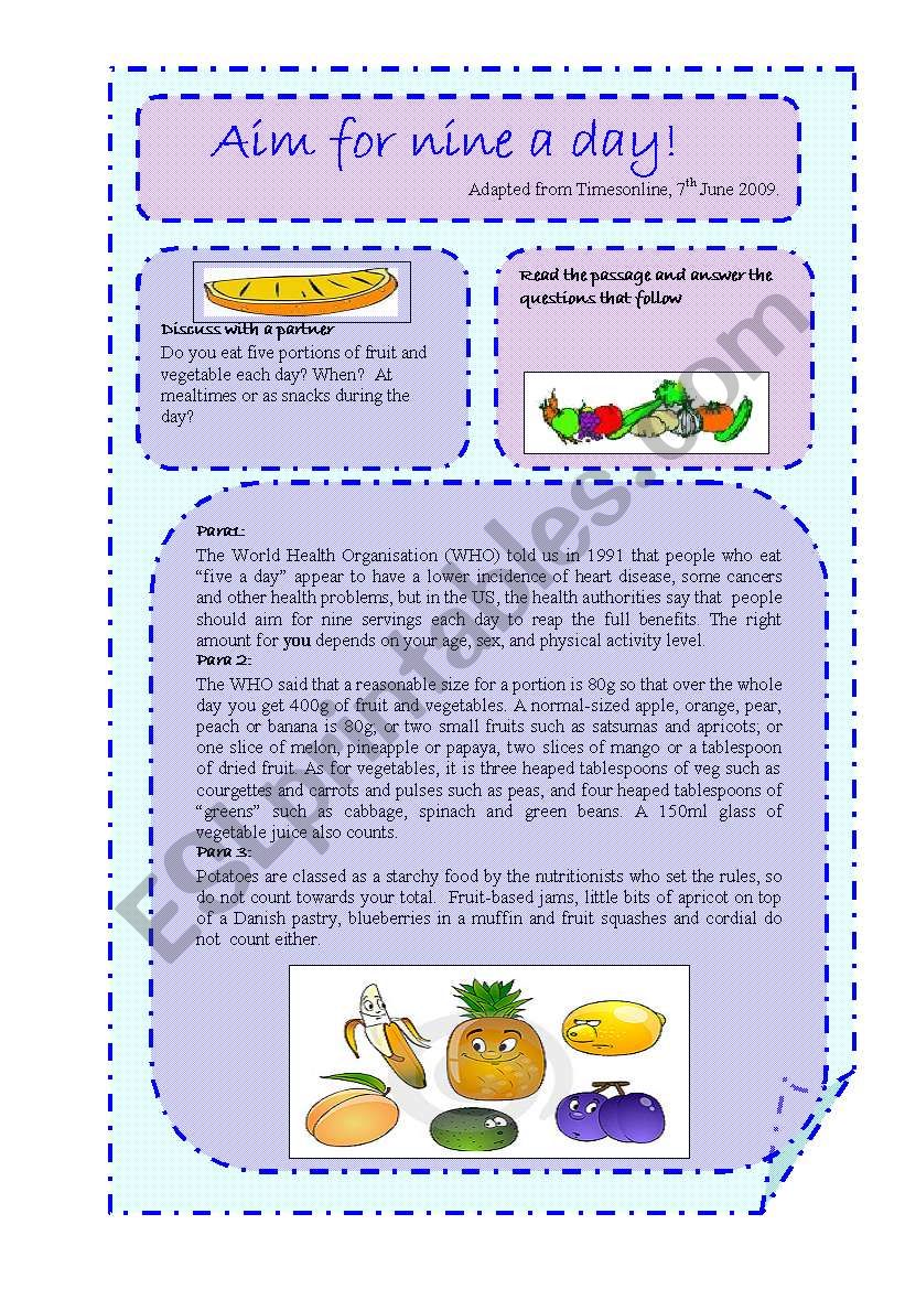 Aim for nine a day! worksheet