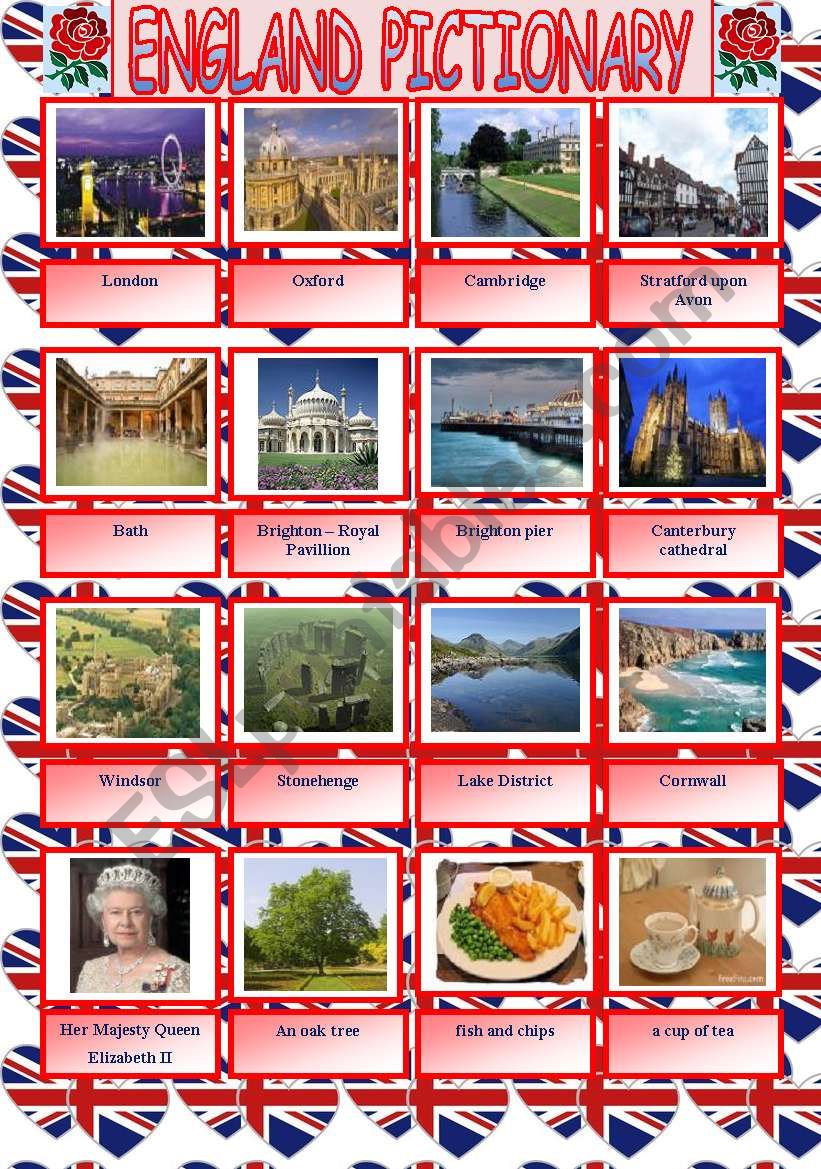 England pictionary plus written practice of the attractionsÂ´names