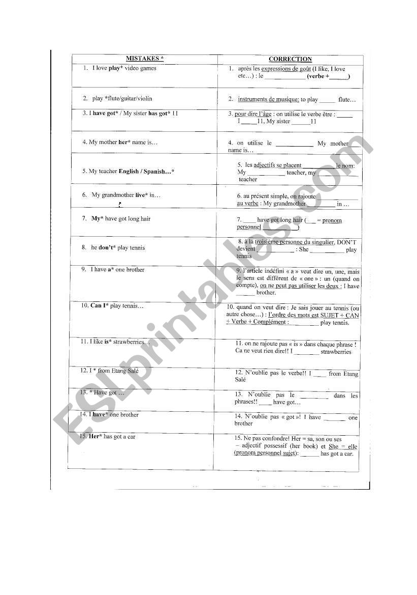 Correcting mistakes worksheet