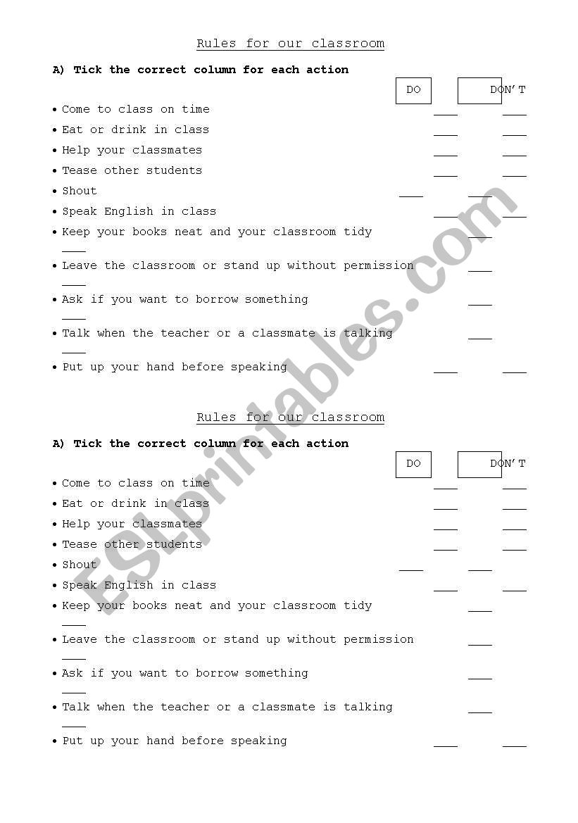 Rules for our classroom worksheet
