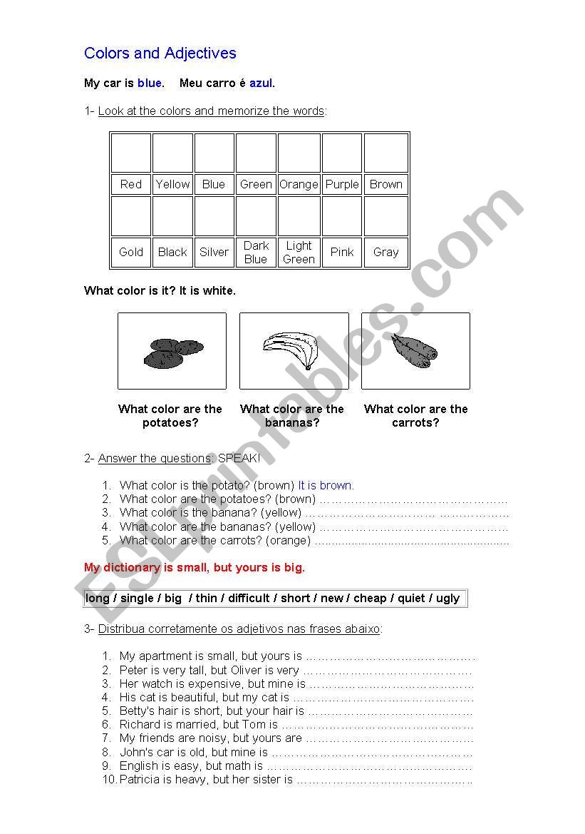 colours and adjetives worksheet