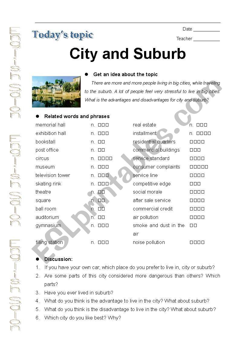 City and suburb worksheet