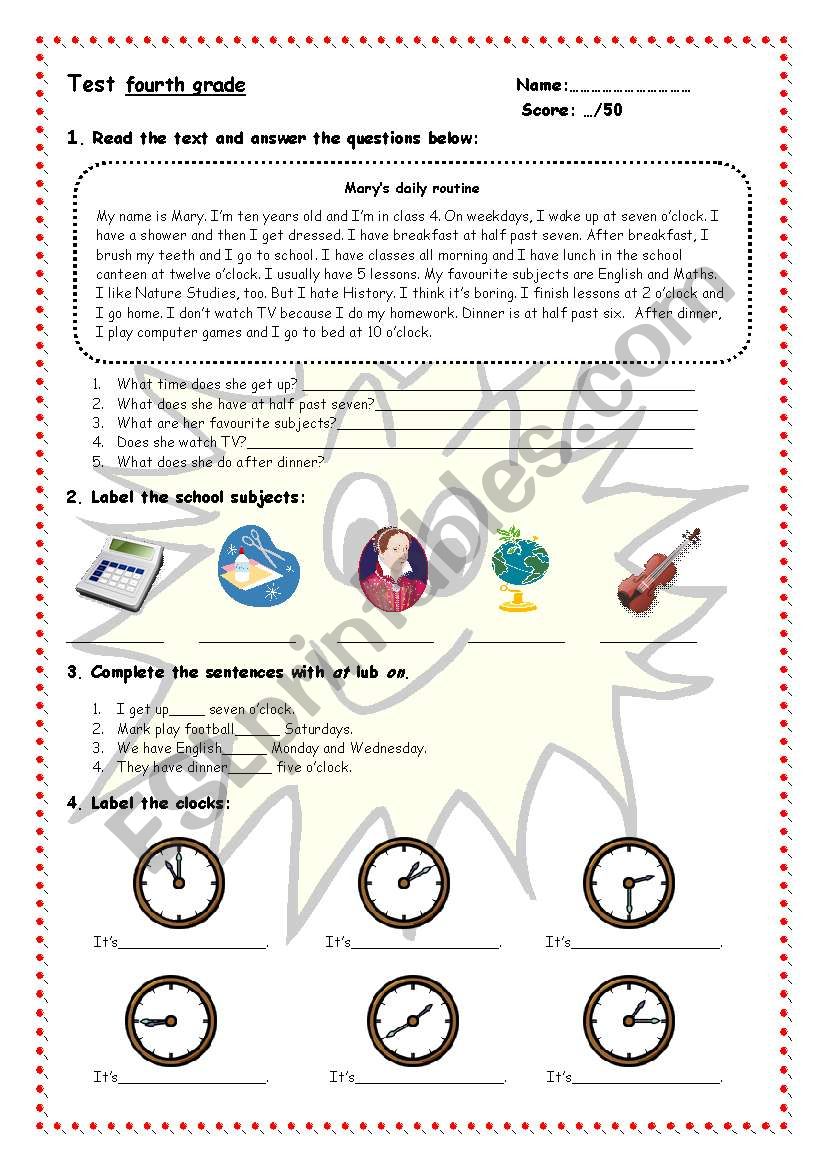 Test- fourth grade: present simple/ time/ school subjects/days of the week