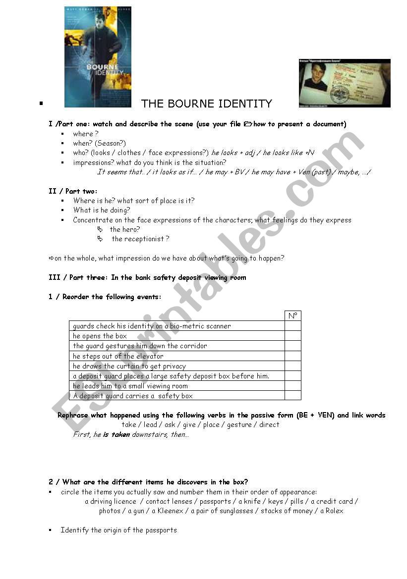 the Bourne Identity worksheet
