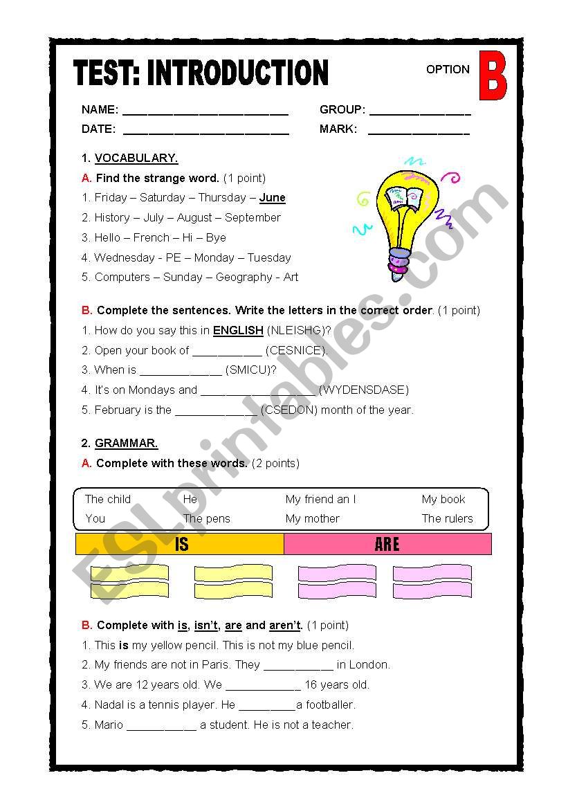 Test: Option B worksheet