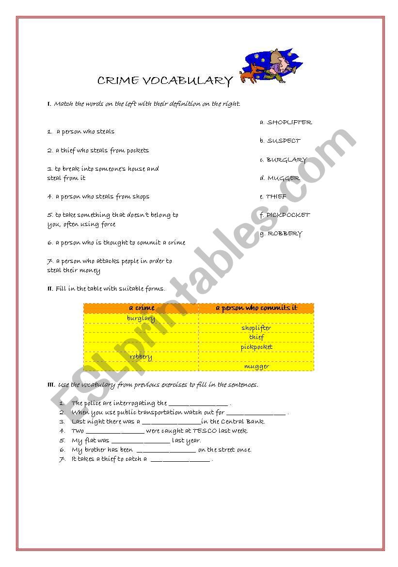 crime vocabulary  worksheet