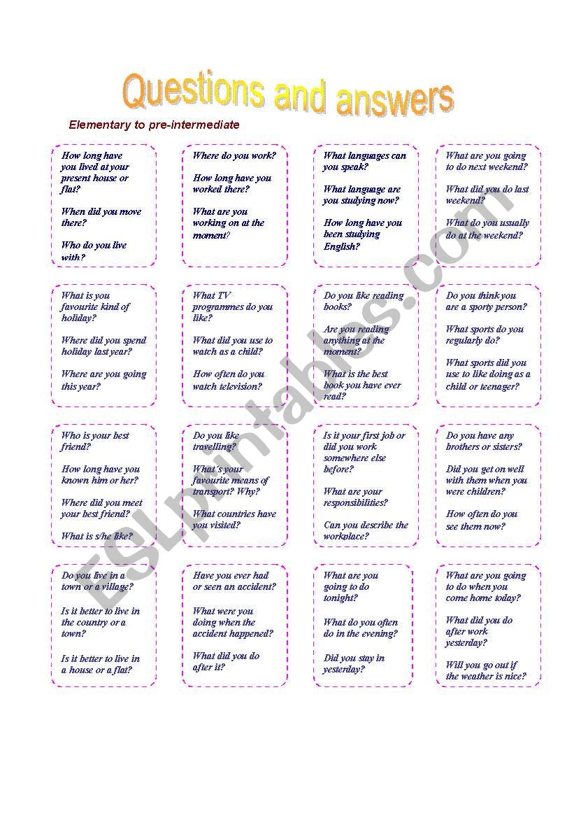 Question cards worksheet