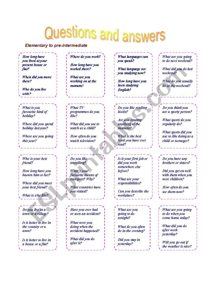 Question cards worksheet