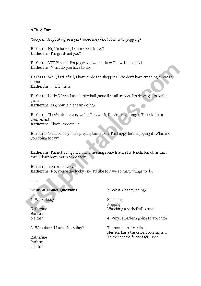 A Busy Day worksheet