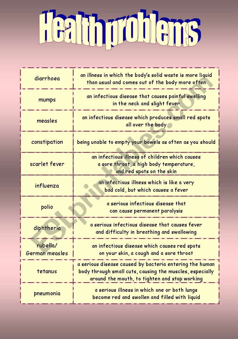 Health problems worksheet