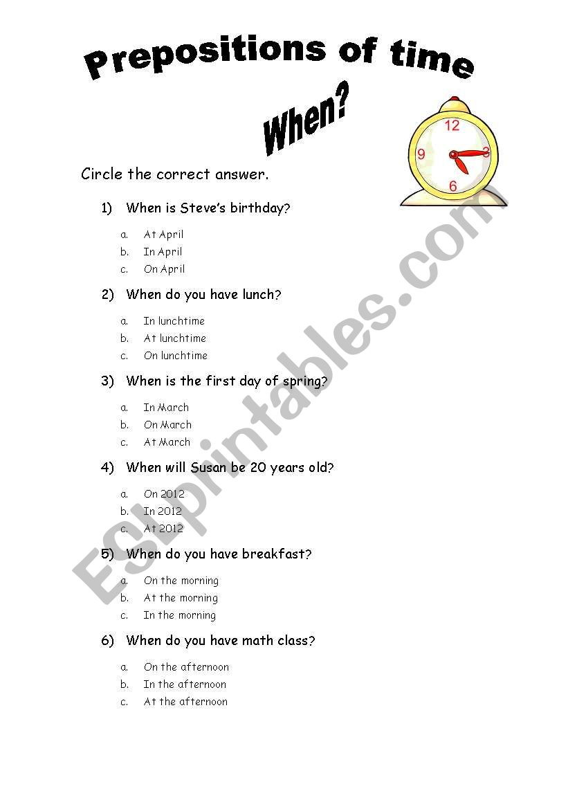 Prepositions of time worksheet