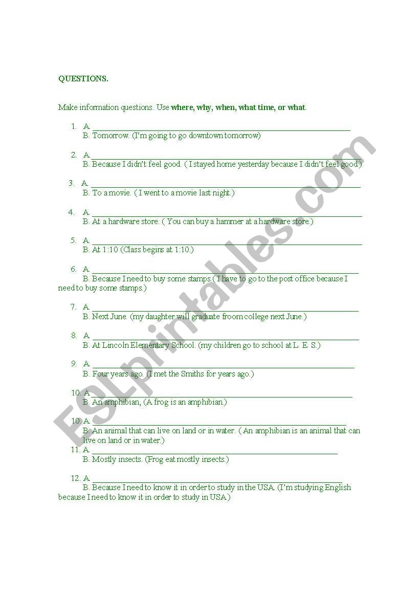 Questions worksheet