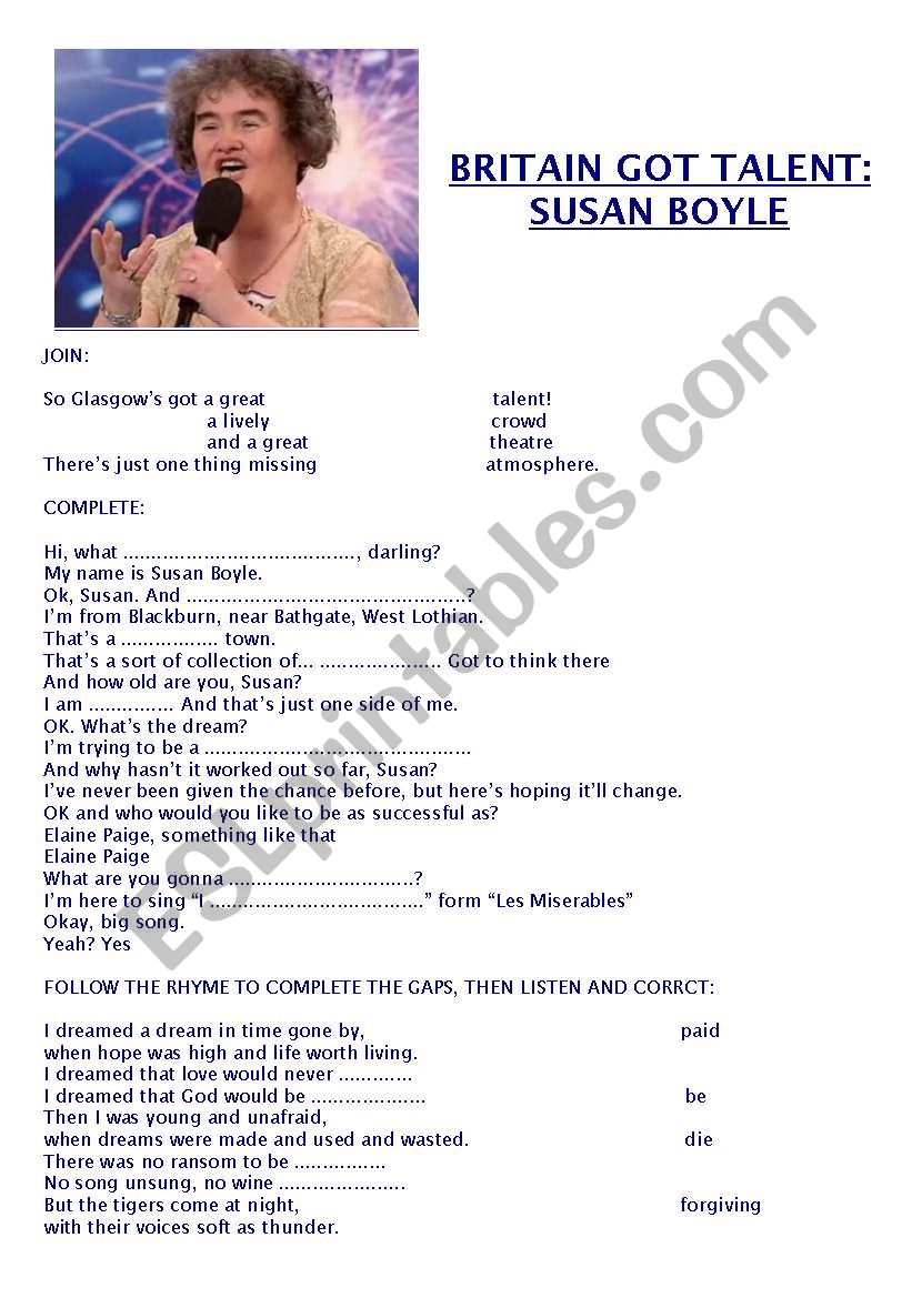 Susan Boyle. Listening tasks worksheet