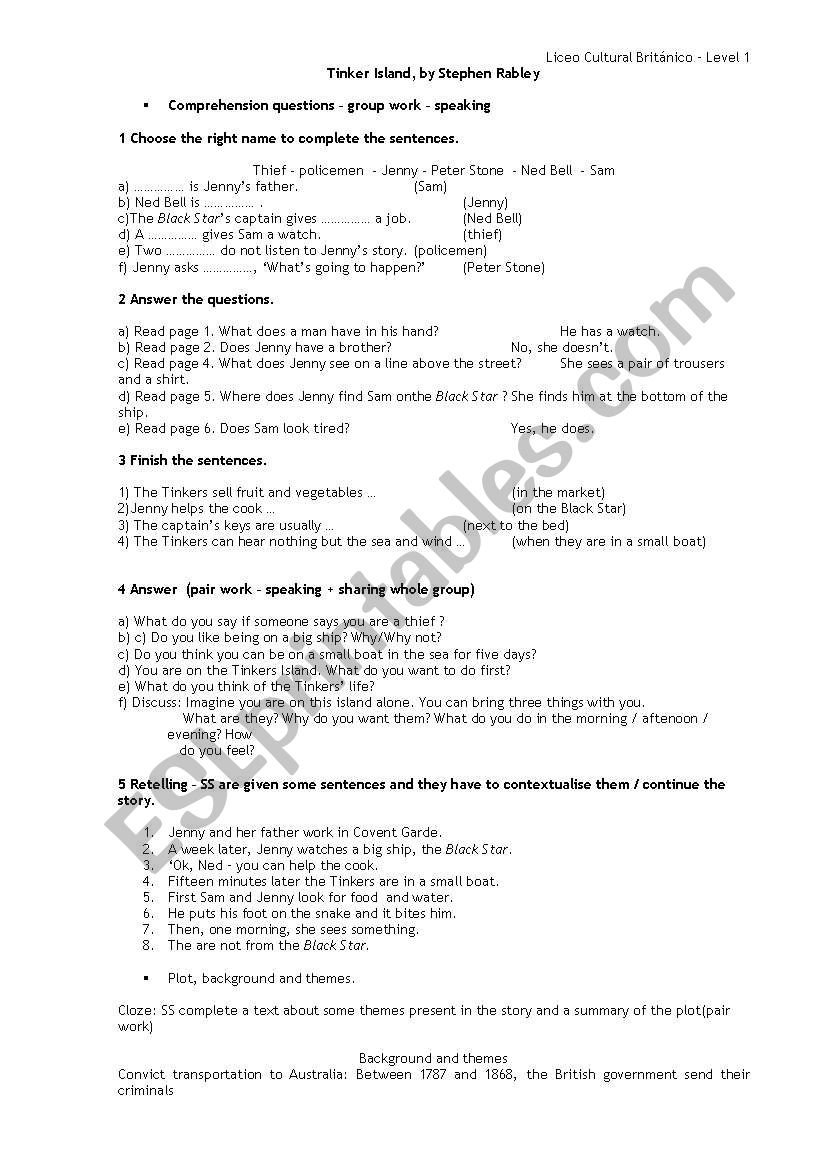 Tinker Island lesson plan worksheet