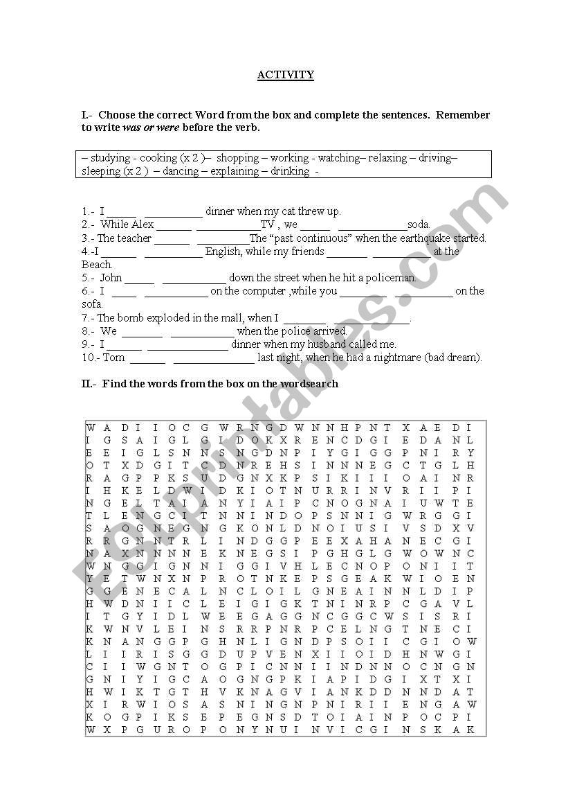past continuous wordsearch worksheet