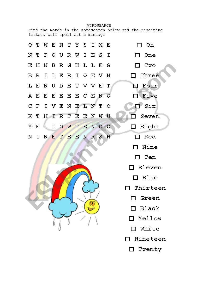 Wordsearch colours & numbers worksheet