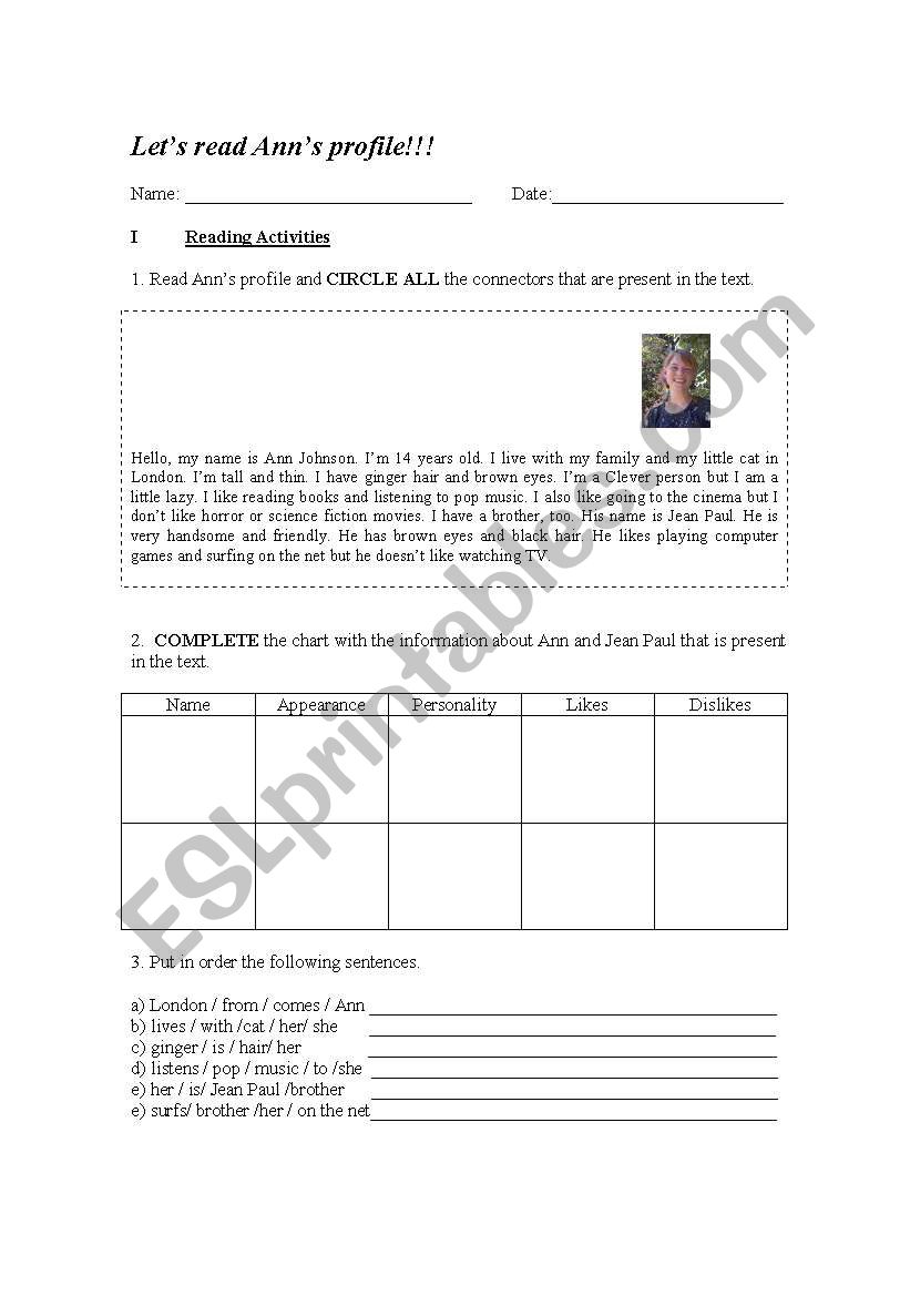 Personal Profile worksheet