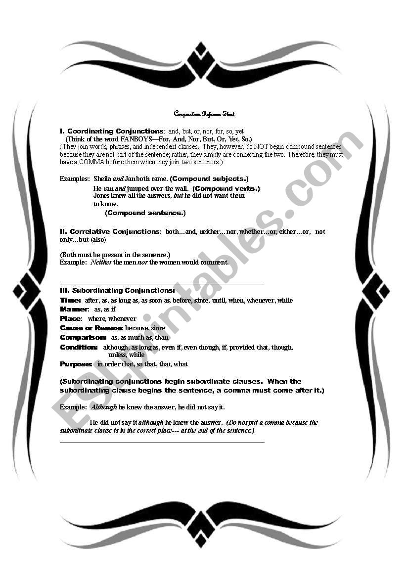 Conjunction Reference Sheet worksheet